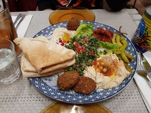 2 person mezze, with muhammara instead of the cheese and non-vegan dip at Comptoir Libanais in Utrecht