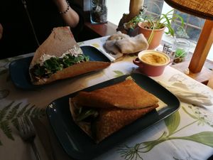 Buckwheat pancakes with beetroot and "🐑" cheeze at Bez Lukru in Wroclaw