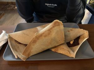 Buckwheat pancakes with date chocolate and nuts  at Bez Lukru in Wroclaw