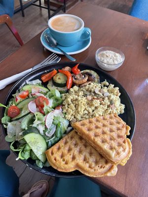 Tofu scramble, extra Hummus, extra carrot waffles   at Bez Lukru in Wroclaw