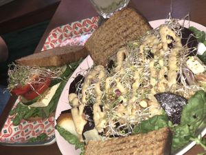 Salat with beetroot, pears and tofu/ Sandwich with tofu, vegetables and nut pesto  at Bez Lukru in Wroclaw