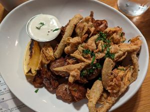 Yukon + artichoke app with lemon aioli at Harvest Pizzeria in Clintonville