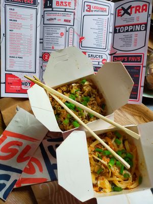 Jasmine rice and udon noodles at Gatsu Gatsu in Brussels