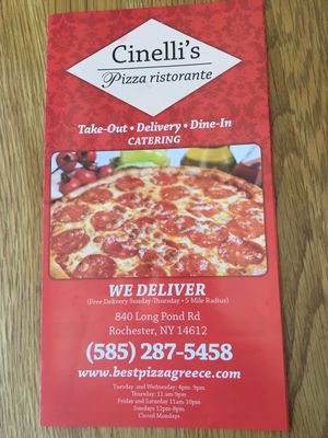Menu cover at Cinelli's Pizza in Rochester