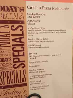 Specials including vegan options at Cinelli's Pizza in Rochester