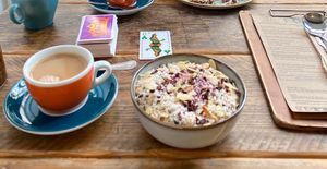 Porridge Bowl and Tea  at Ginger & Co. Coffee in Shrewsbury