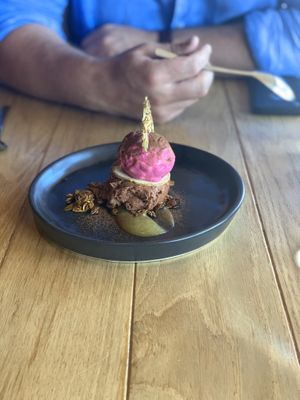 Beetroot ice cream and chocolate mousse (vegan) at Foliage in Franschhoek
