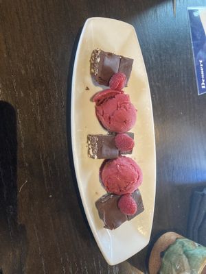 Desert chocolate raspberry ,,, spoon is insane size they give you to eat with ask for fork or chop sticks they never came back to ask ,   at Blue Sushi Sake Grill in Indianapolis