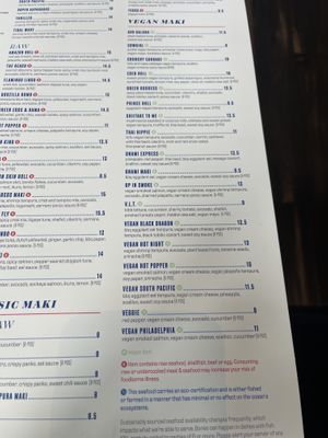 Vegan maki menu  at Blue Sushi Sake Grill in Indianapolis