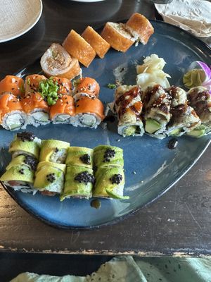 Top: cowgirl. Middle left: Philly roll. Middle right: Prince roll. Bottom: green goddess  at Blue Sushi Sake Grill in Indianapolis