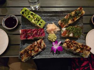 Top Left to Bottom right: Green goddess, avo kaluna, prince roll, thai hippie, shiitake to me, prince roll at Blue Sushi Sake Grill in Indianapolis