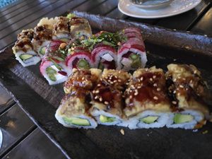 2x prince roll with 1x bito vegan Maki in middle at Blue Sushi Sake Grill in Indianapolis