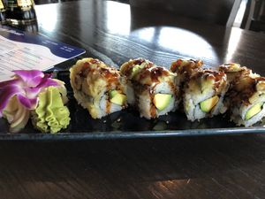 Prince Roll - eggplant vegan tempura, avocado and sweet soy at Blue Sushi Sake Grill in Indianapolis