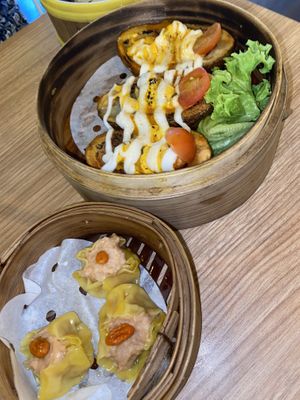 siew mai $3 and shitake potato boats $6.80 at Vegan Curry Rice in West Singapore