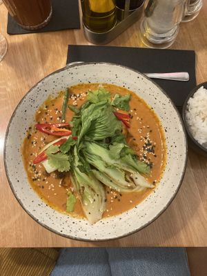Rotes Curry mit Reis, Pak Choi und Süsskartoffel  #Veganuary at Cafe Elektric in Prague