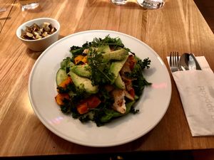 Crispy kale, avocado and squash salad  at Cafe Elektric in Prague