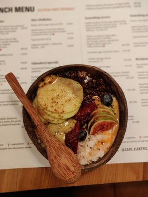 Power bowl. Has coconut milk and pureed sweet potatoes with fruit..came hot. Not very good.  at Cafe Elektric in Prague