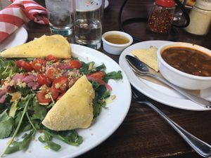 Kaleifornication Salad minus dressing and white bean and kale soup. Delicious! at Pi Pizzeria - Downtown in St Louis