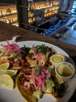 Tofu chicarron and Adobado tacos, fresh tortillas at Lick It Up - International Bar in El Paso