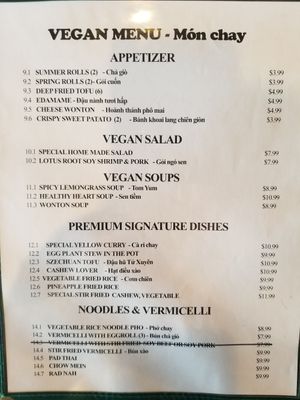 Vegan page in menu at Saigon Jade in Mesa