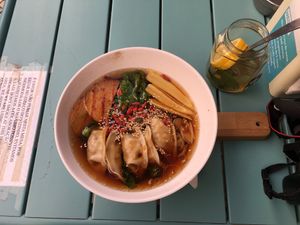 Dumpling Soup and Iced Tea at Moko Veggie Cafe - Anjos in Lisbon