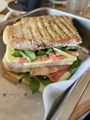 Bacon, cheese, and spinach toastie   at Moko Veggie Cafe - Anjos in Lisbon