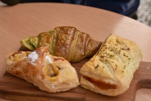 Chocolate and matcha croissant (on the far left)
Spicy cheese and bacon (on the right)
Guava paste and cheese (on the close left) at Moko Veggie Cafe - Anjos in Lisbon