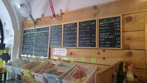 Menu and bins of delicious baked awesomeness! at Moko Veggie Cafe - Anjos in Lisbon