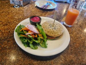 Beans burger with papaya juice at Bolsi in Asuncion