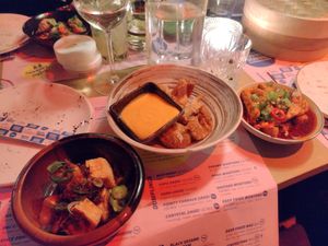 Left to right - spicy tofu, deep fried dumplings, tempeh at Dubbel Dubbel - Polhemsplatsen in Gothenburg