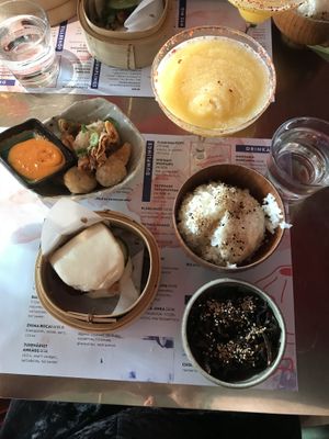 Fried tofu wontons, bao, rice and sliced mushrooms. at Dubbel Dubbel - Polhemsplatsen in Gothenburg