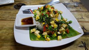 Spicy tofu and Thai basil at Burinda in Ayutthaya