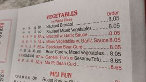 Vegetable menu at Joy Wok in Columbus