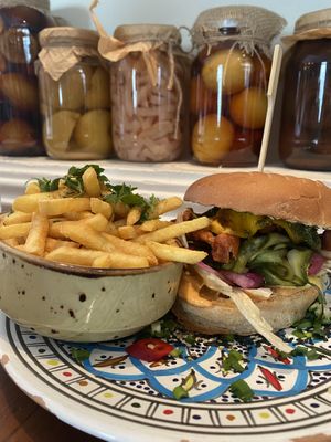 Honolulu burger with zaatar fries  at Falla in Warsaw