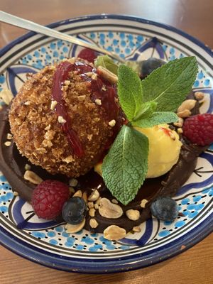 Fried Banana with mango sorbet  at Falla in Warsaw