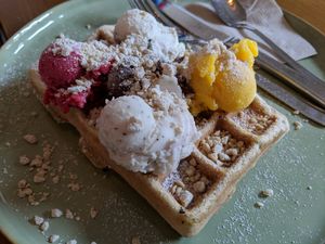 Waffle with 5 mini-scoops at art & wEISe in Monheim Am Rhein