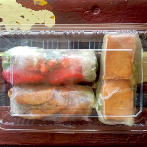 Tofu, vegan BBQ pork and vegan lemongrass chicken rice paper rolls. at Mr & Mrs Banhmi in Hawthorn