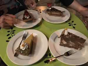 Just incredible. 2x derby pie in the back, in the front left side pumpkin pie and on the right front chocolate marble. at Rawnaissance in Louisville