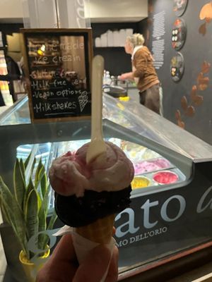 Amarena Cherry & Dark Chocolate + the friendly employee in the background :) at Gelato Di Natura in Venice