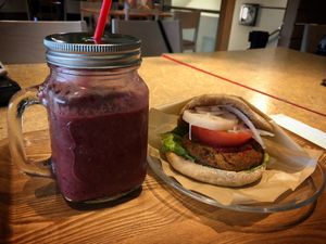 Berry smoothie and vegan burger at Brook's Green Cafe in Tokyo