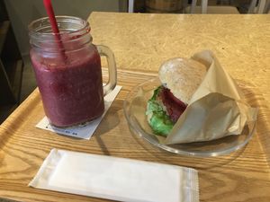 Vegan burger and asai smoothie  at Brook's Green Cafe in Tokyo