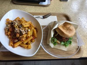 Pasta and burger at Brook's Green Cafe in Tokyo