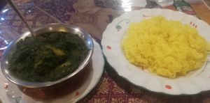 Spinach and potato curry with rice. at Roopali in Hiroshima