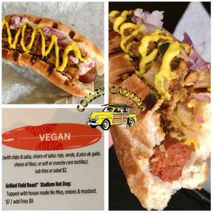 New vegan menu item.
Field Roast stadium dogs. Topped with all veggie/chick pea “No Moo,” onions and mustard. at Colley Cantina in Norfolk
