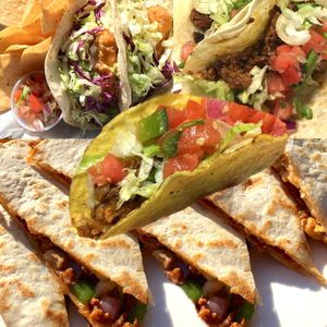All vegan- fish tacos, house made veggie/chickpea “No Moo” tacos, Beyond quesadillas! ❤️ at Colley Cantina in Norfolk