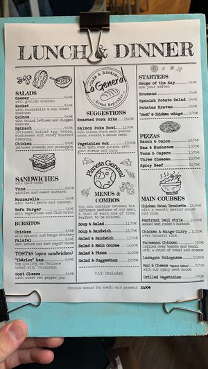 English menu with a couple of options on it at La General in Madrid