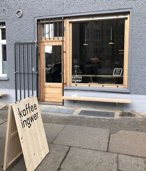 in front of coffee shop at wühlischstr. 12 at Kaffee Ingwer in Berlin
