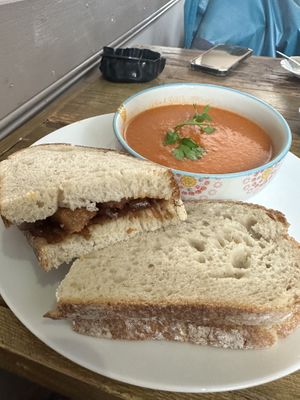 Sausage and caramelised onion sandwich and tomato and lentil soup  at The Mule on Rouge in Berwick Upon Tweed