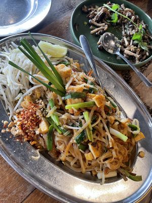Tofu pad thai and garlic mushrooms   at Isarn Thai Soul Kitchen in Kirkland