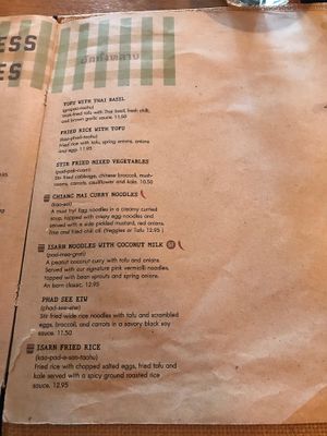 veg menu at Isarn Thai Soul Kitchen in Kirkland